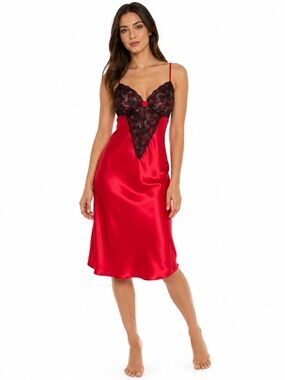 Vintage CINEMA ETOILE Red Satin Black Lace Chemise Slip Dress M Y2K‎ Lingerie